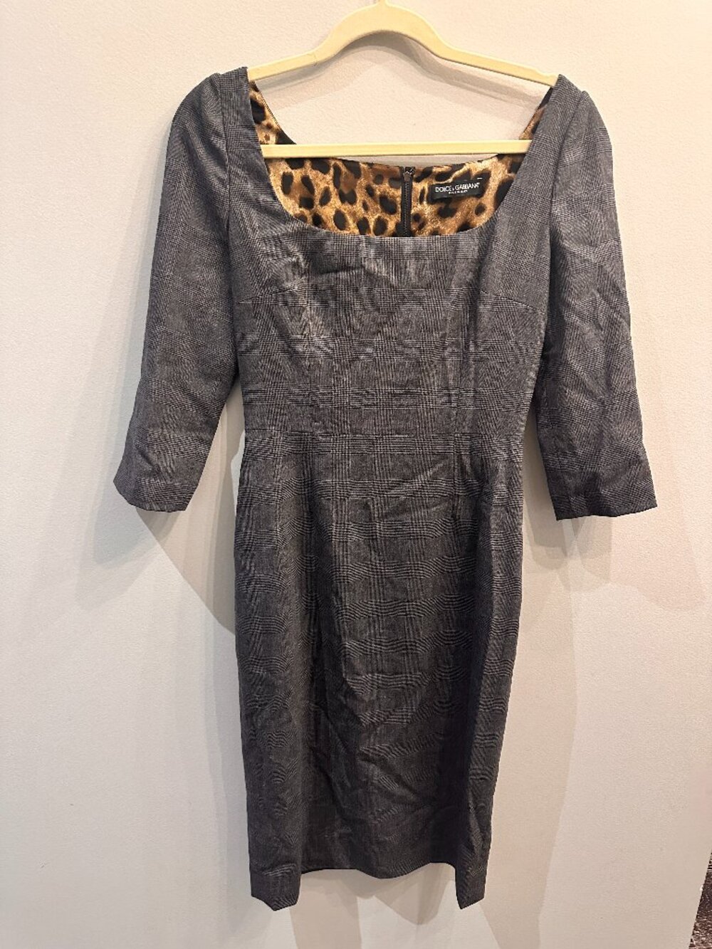 Dolce & Gabbana Plaid Sheath Dress Leopard Print Lining Grey Size 42